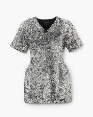 Sequin V-Neck Knit Dress Silver