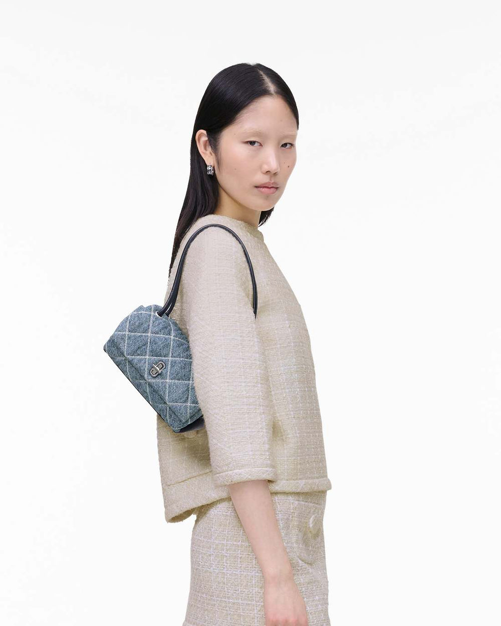 The Quilted Denim Mini Dual Shoulder Bag Light Wash Indigo