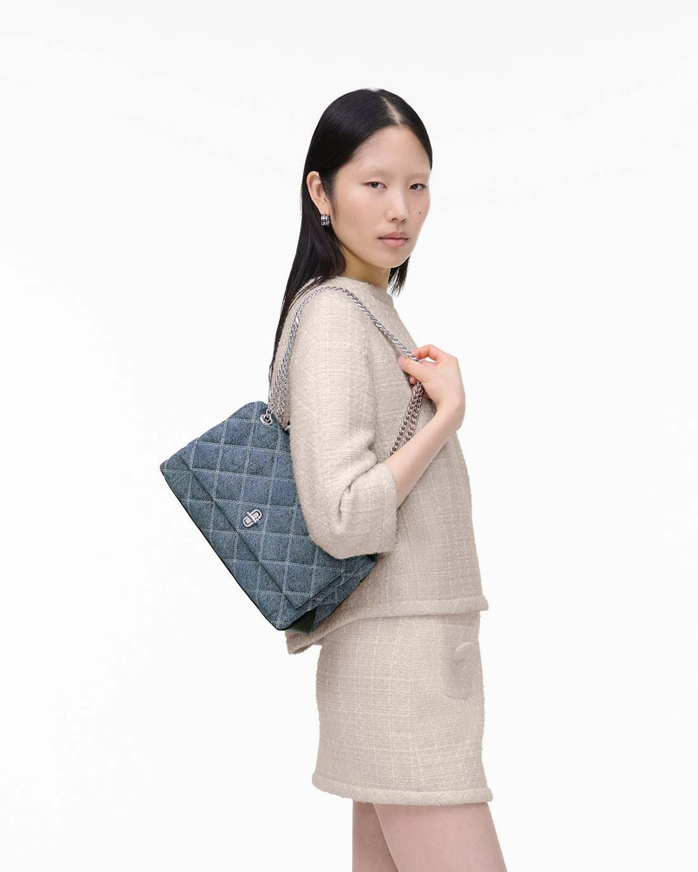 The Quilted Denim Dual Convertible Shoulder Bag Light Wash Indigo