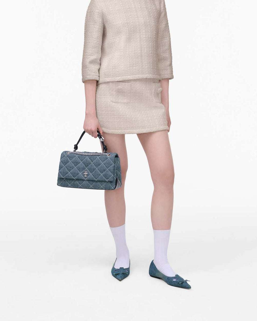 The Quilted Denim Dual Convertible Shoulder Bag Light Wash Indigo