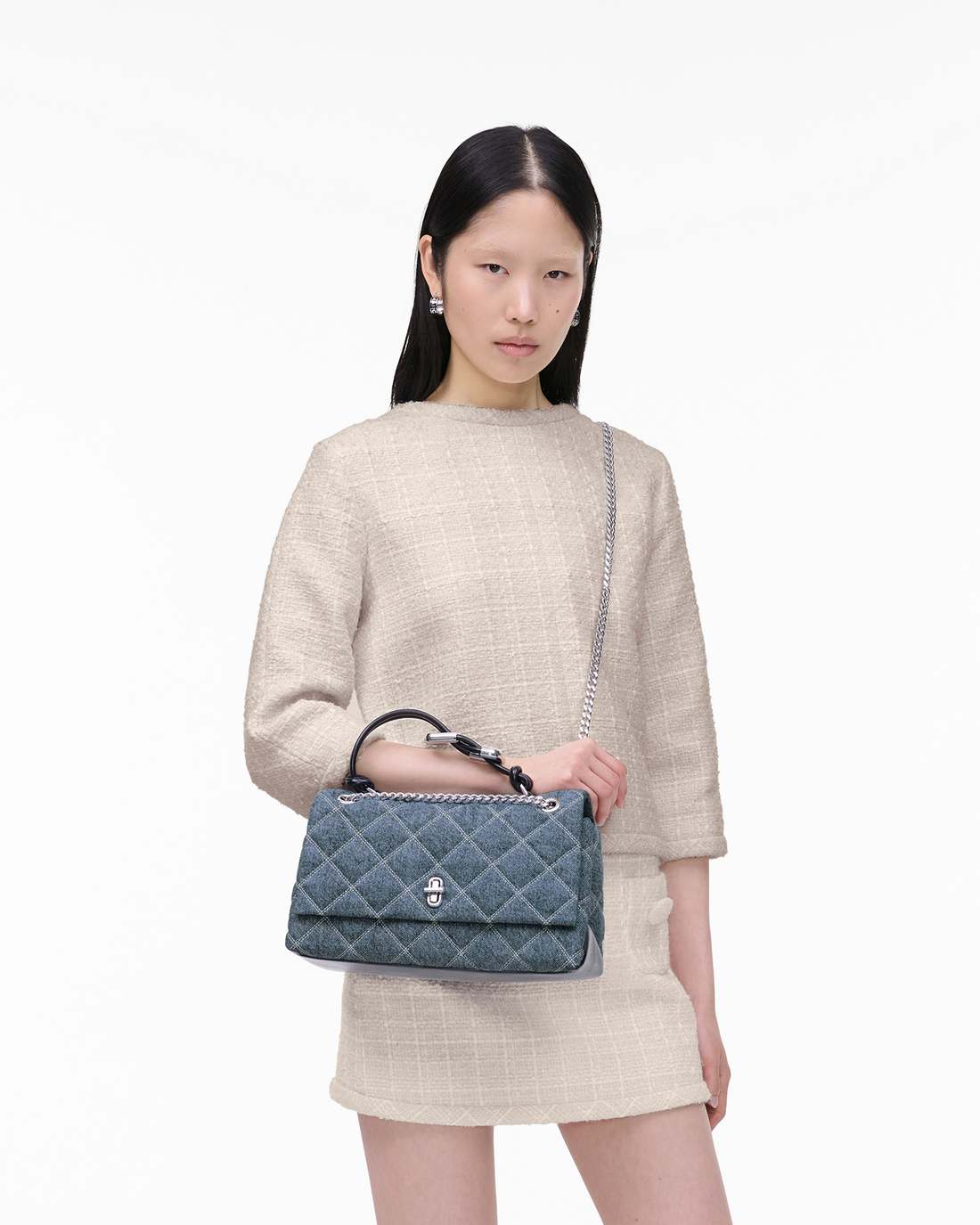 The Quilted Denim Dual Convertible Shoulder Bag Light Wash Indigo