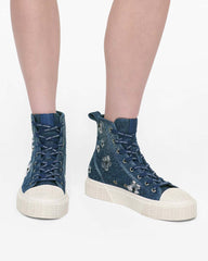 The Sequin Daisy Denim High Top Sneaker Vintage Indigo
