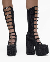 The Rhinestone Kiki Knee-High Boot Black/Black