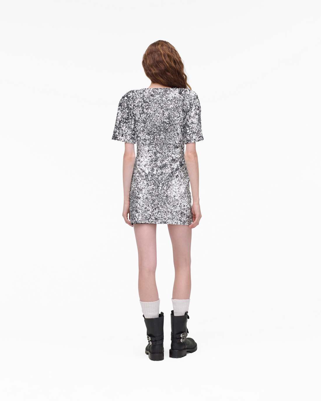 Sequin V-Neck Knit Dress Silver