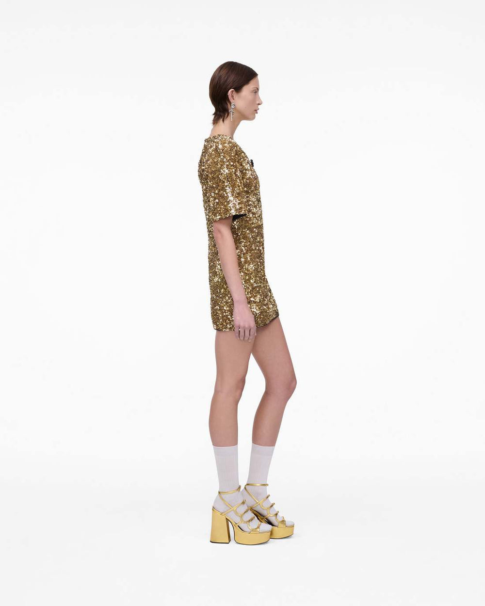 Sequin V-Neck Knit Dress Gold